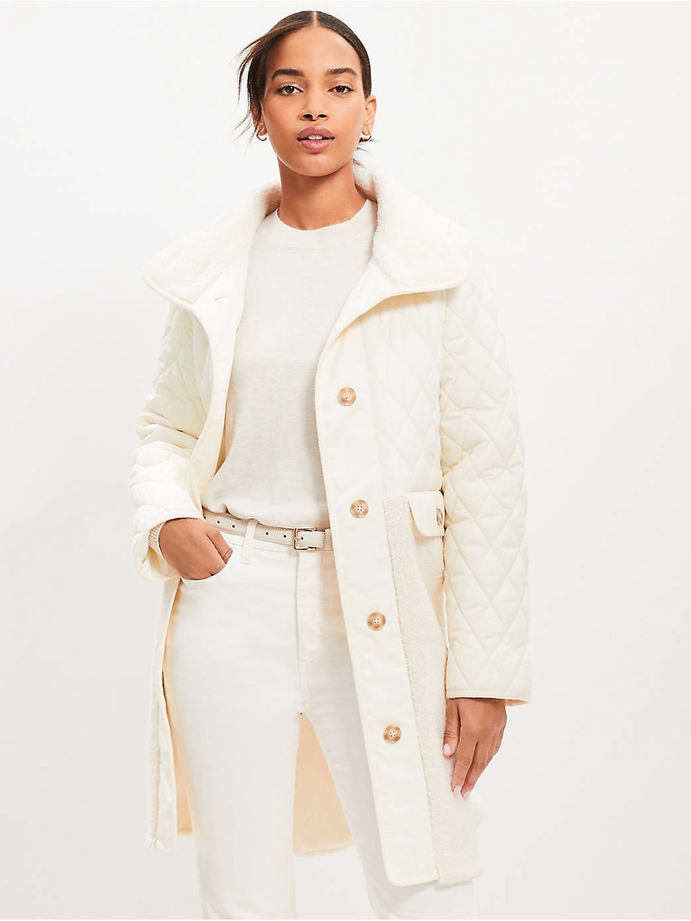 LOFT Shearling Mixed Media Coat Small Cozy Minimalist Casual Preppy Neutral NWT